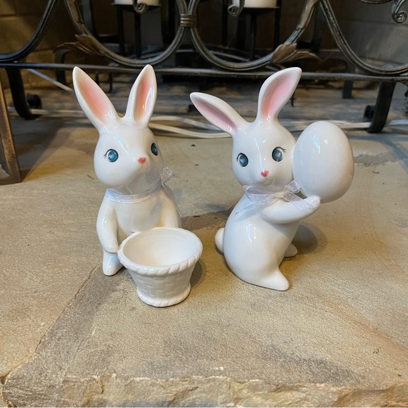 Easter and Spring White Ceramic Bunny Decor Set of Two - Picture 1 of 7